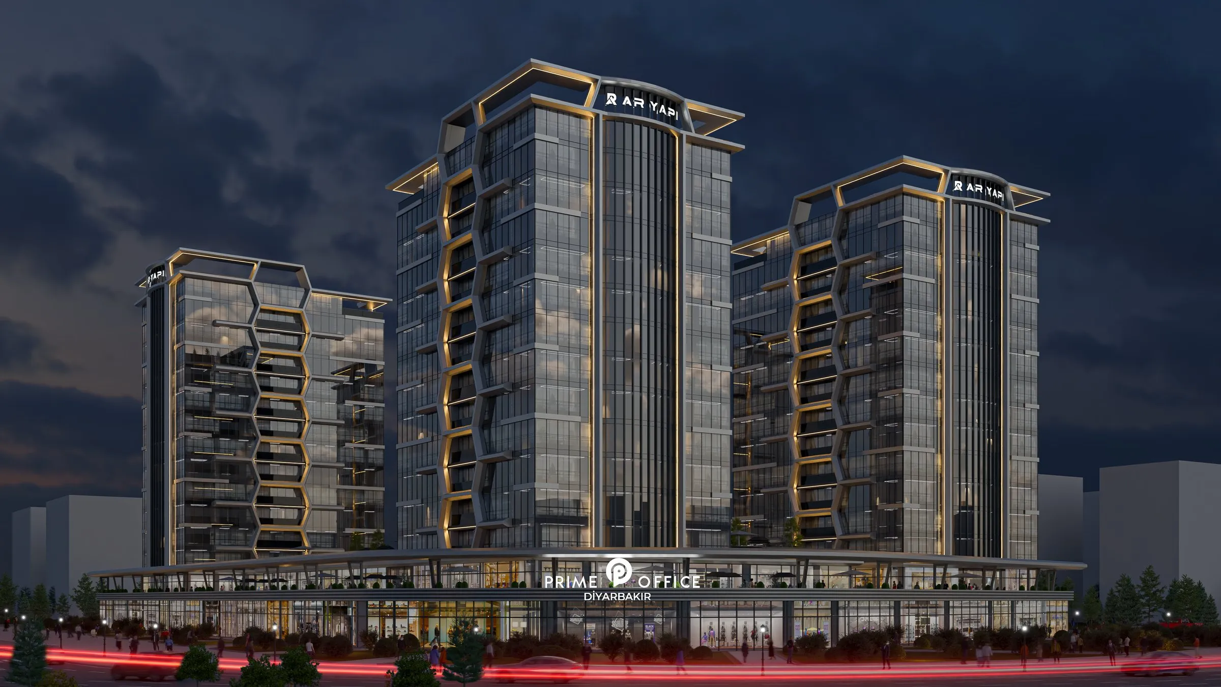 Prime Office — Diyarbakır ofis projesi gece cephe görseli